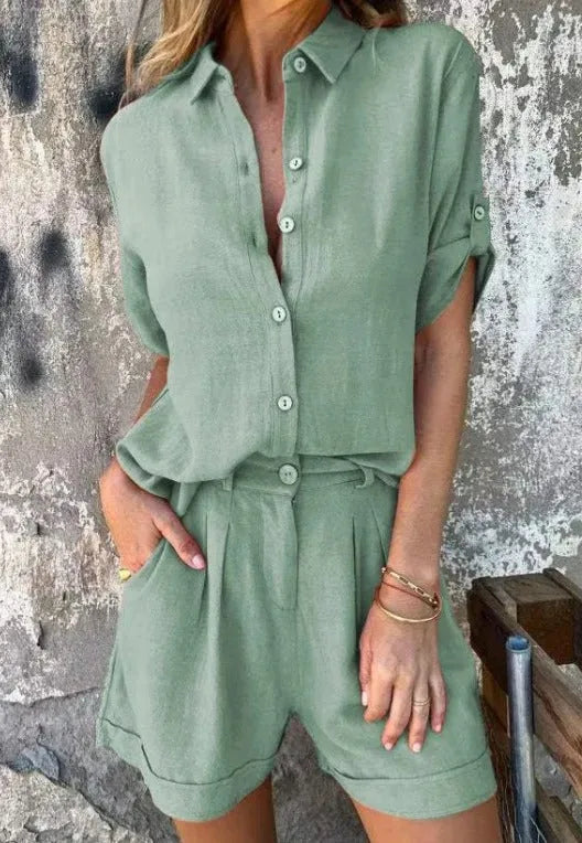 Green matching shirt and shorts set on standing model