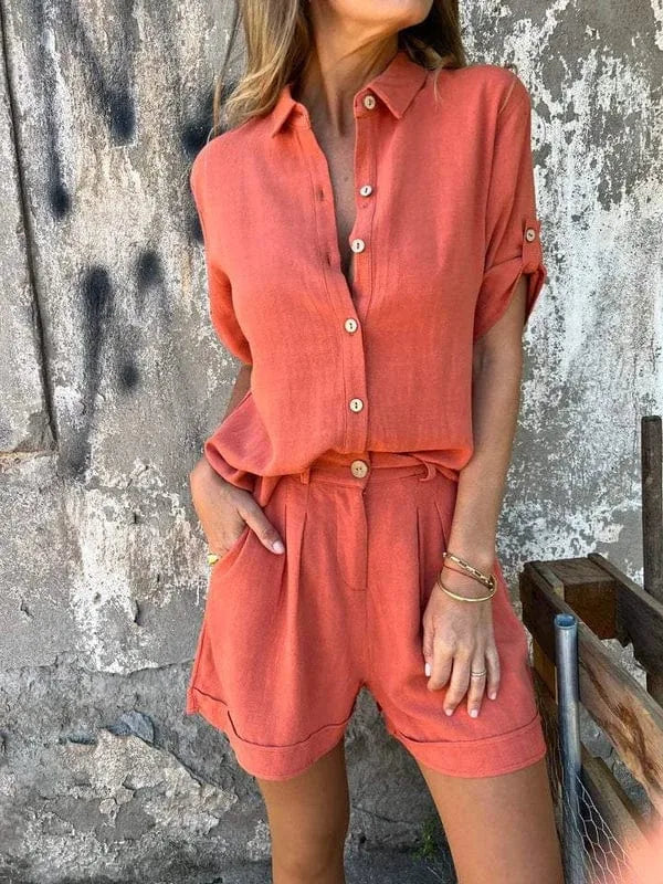 Orange matching shirt and shorts set, close-up fabric and fit detail