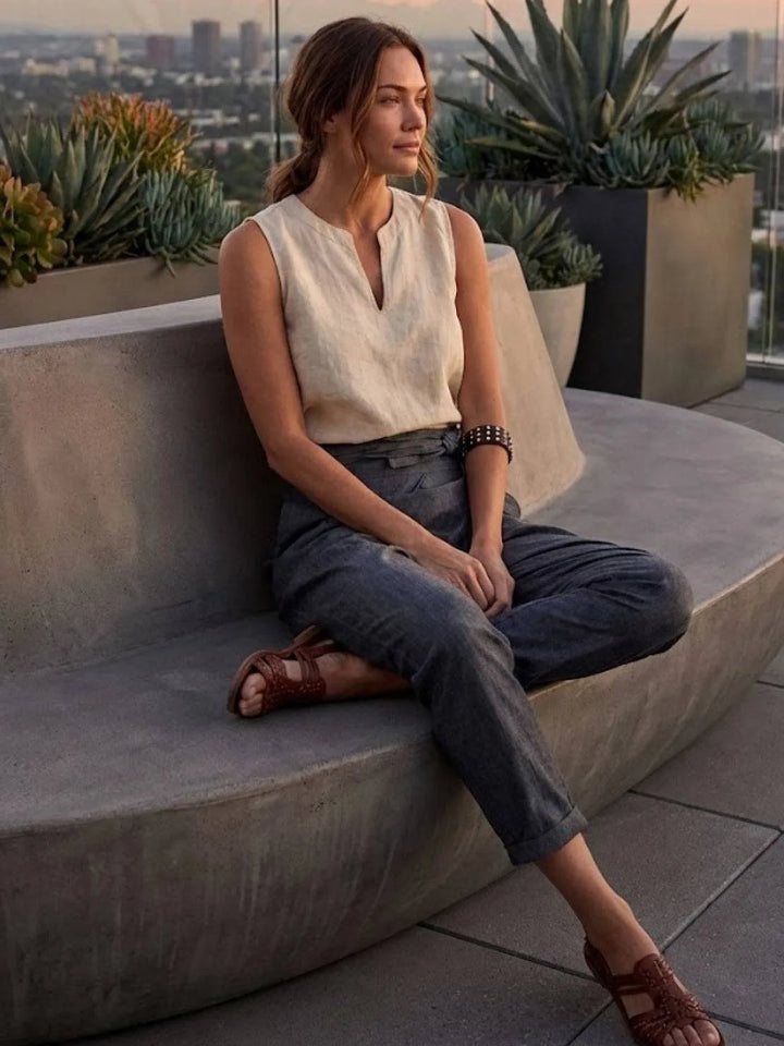 Gray wrap front tapered pants on model, side profile view