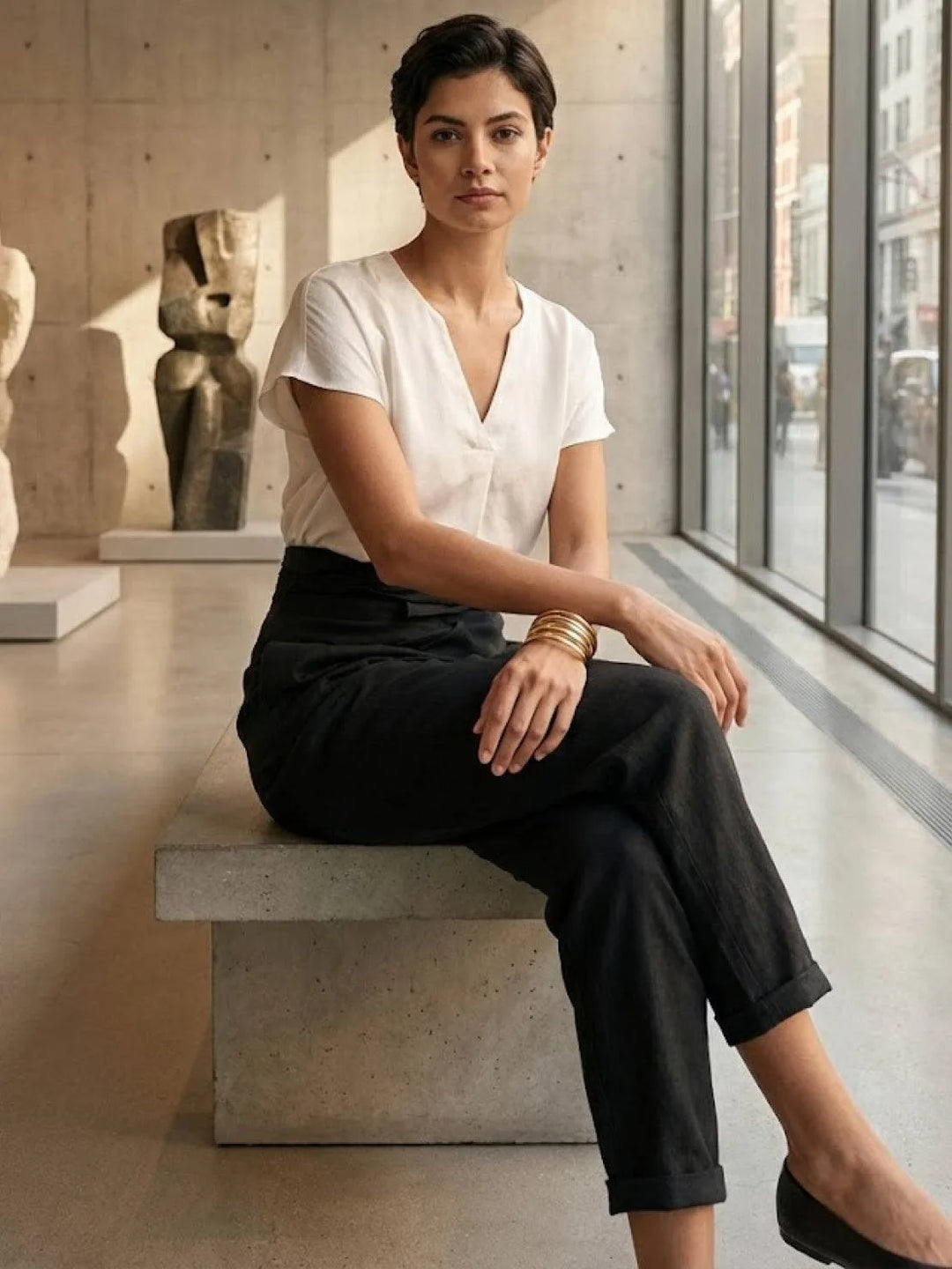 Gray wrap front tapered pants on model, alternate styled view