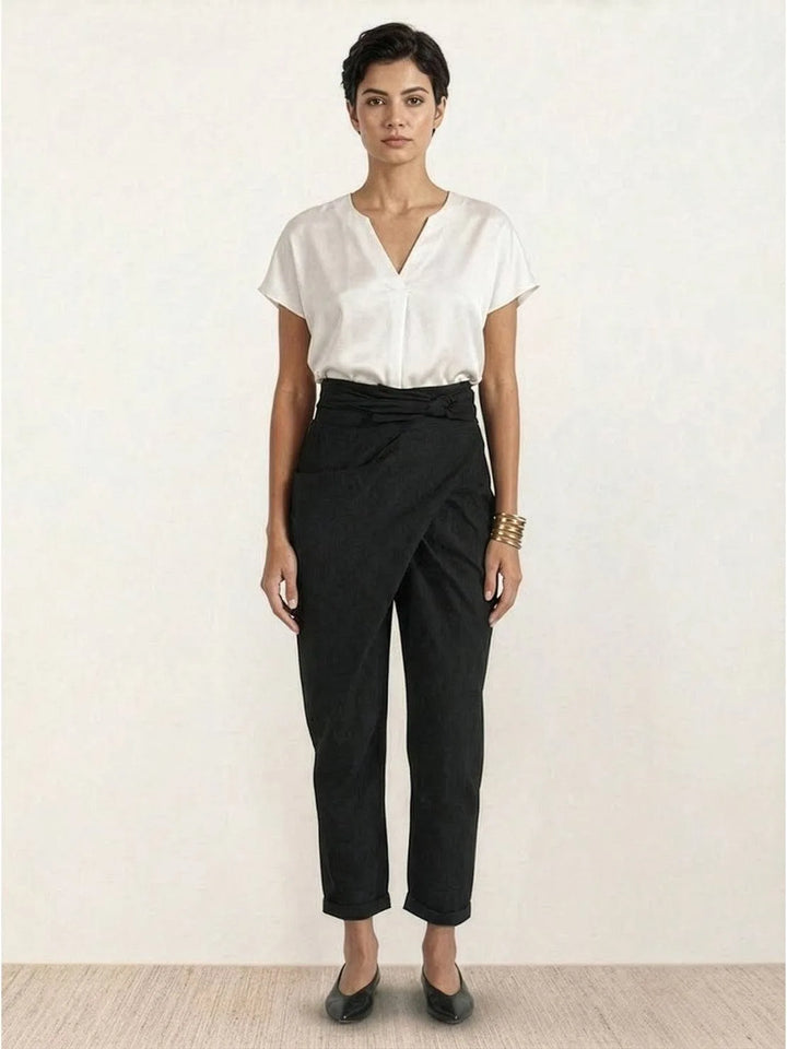 Gray wrap front tapered pants on model, final full-length view