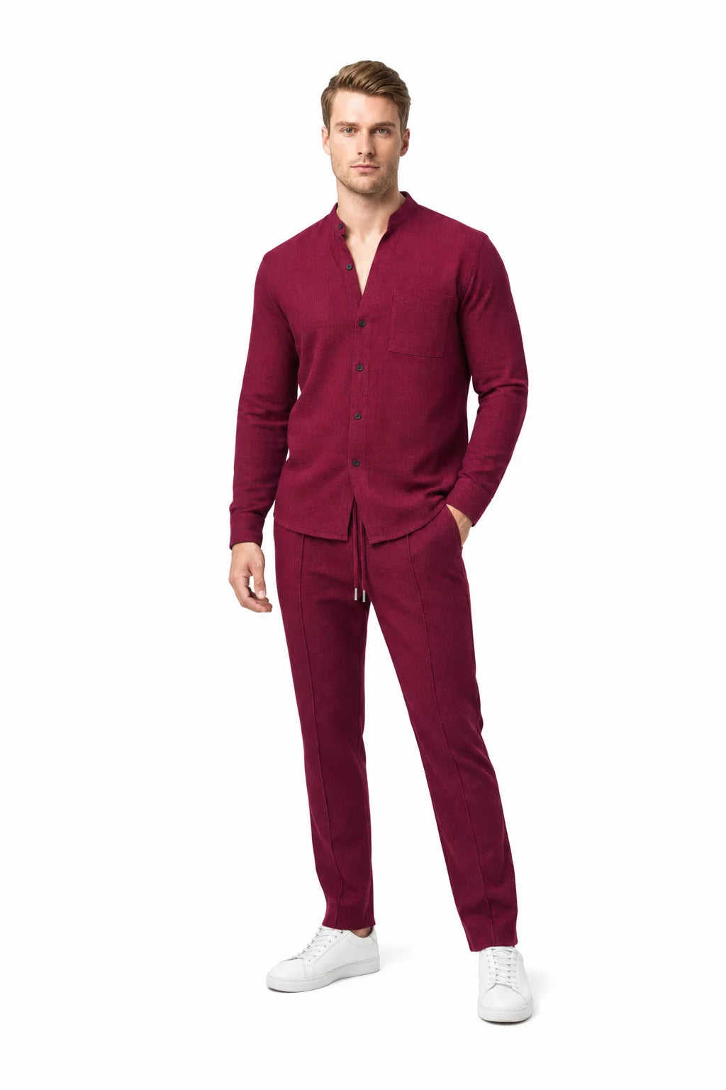 Burgundy waffle knit co-ord set on model in contrapposto stance