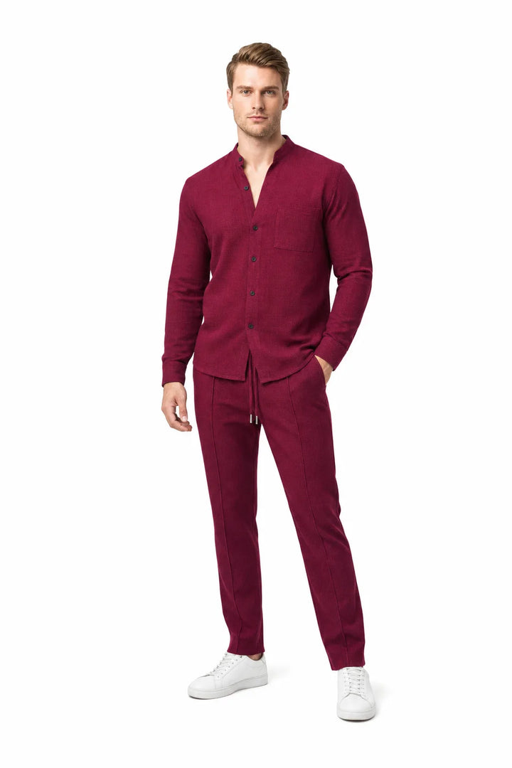 Burgundy waffle knit co-ord set on model in contrapposto stance