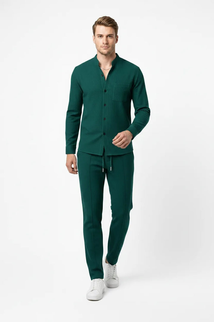Green waffle knit co-ord set on model in natural movement