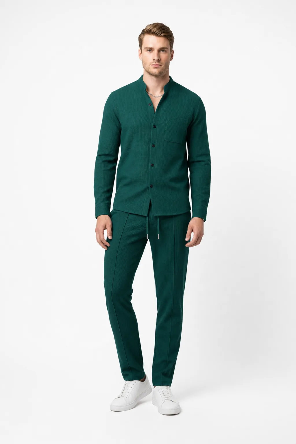 Green waffle knit co-ord set on model in contrapposto stance