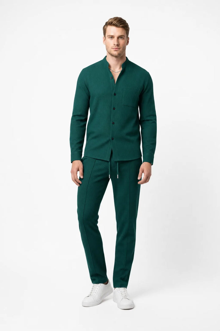 Green waffle knit co-ord set on model in contrapposto stance