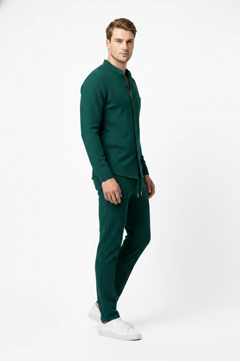 Green waffle knit co-ord set on model in three-quarter turn