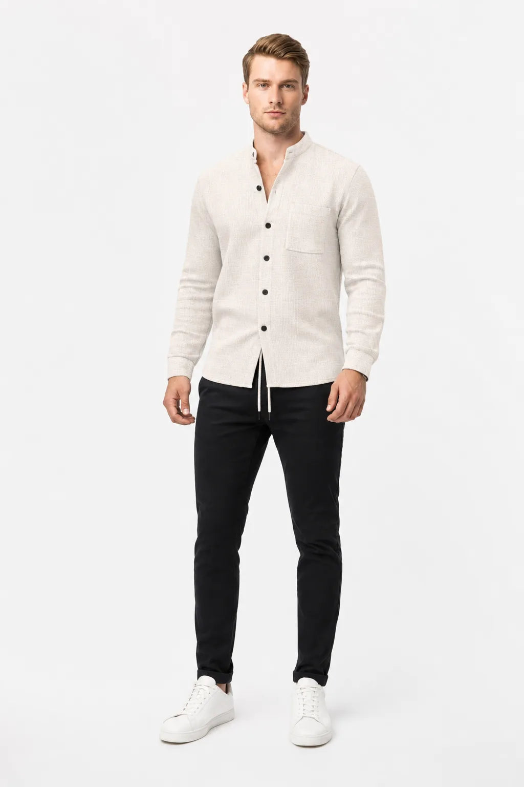 Khaki waffle knit co-ord set on model in contrapposto stance