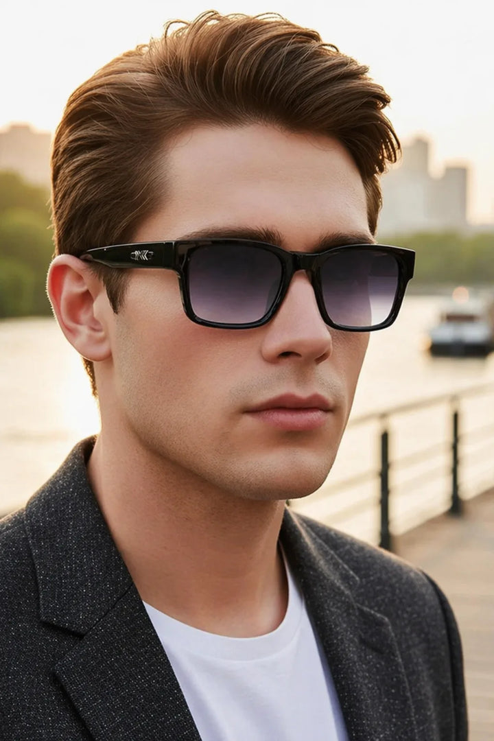 Square tortoiseshell sunglasses with black frames, front view