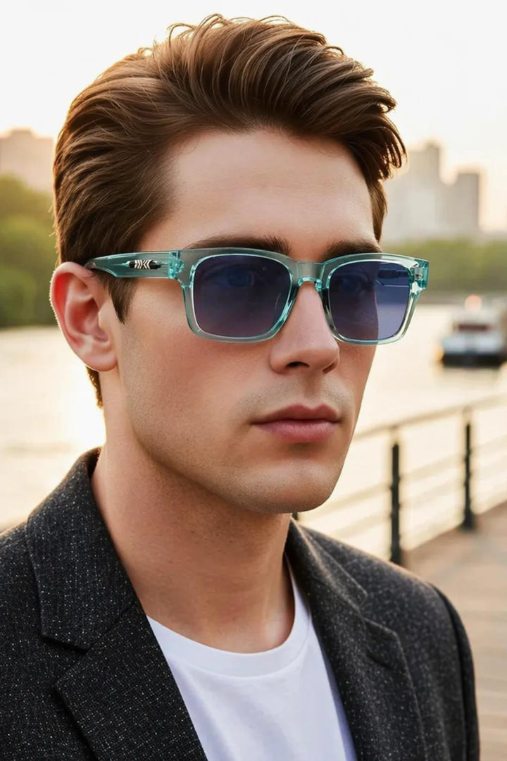 Square tortoiseshell sunglasses with blue frames, front view