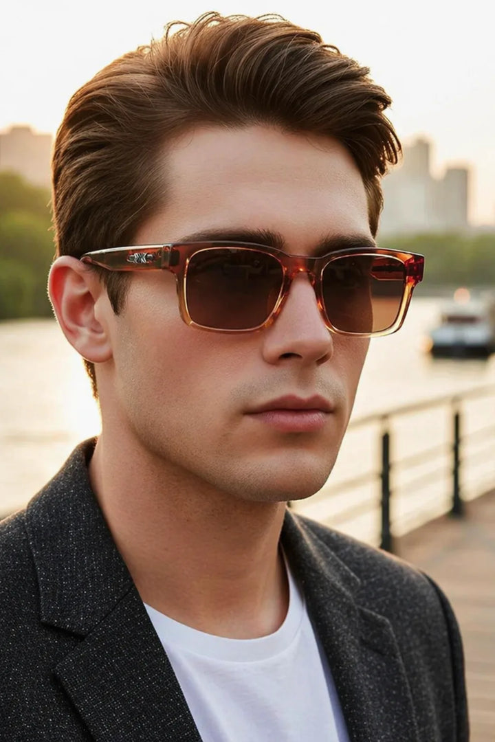 Square tortoiseshell sunglasses with brown frames, front view