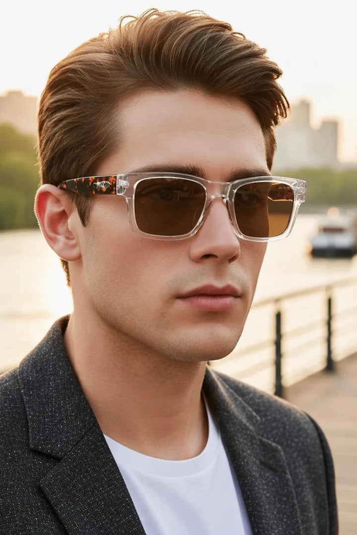 Square tortoiseshell sunglasses with clear frames, front view