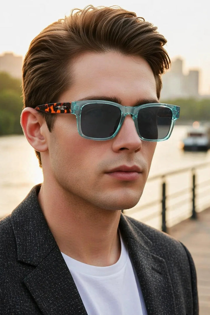 Square tortoiseshell sunglasses with green frames, front view