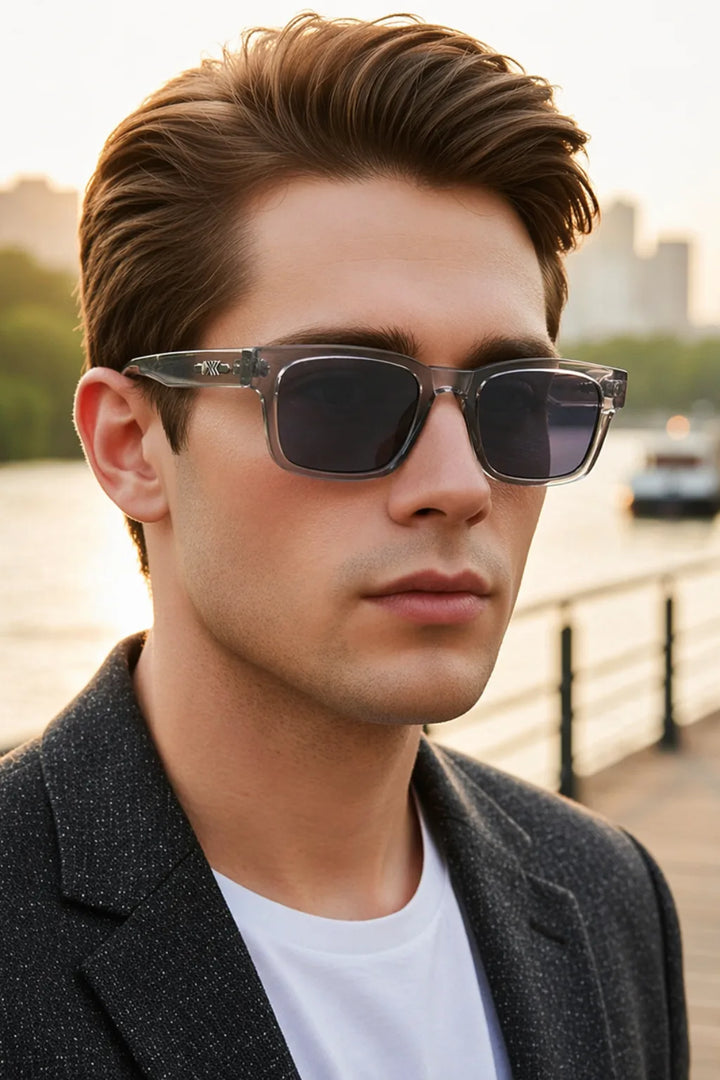Square tortoiseshell sunglasses with grey frames, front view