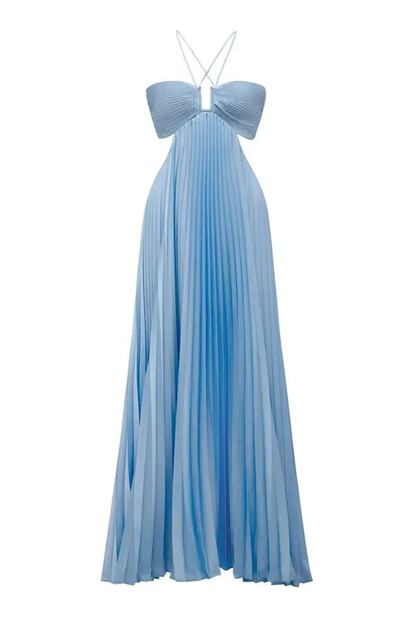 Woman posing in a blue pleated halter maxi dress