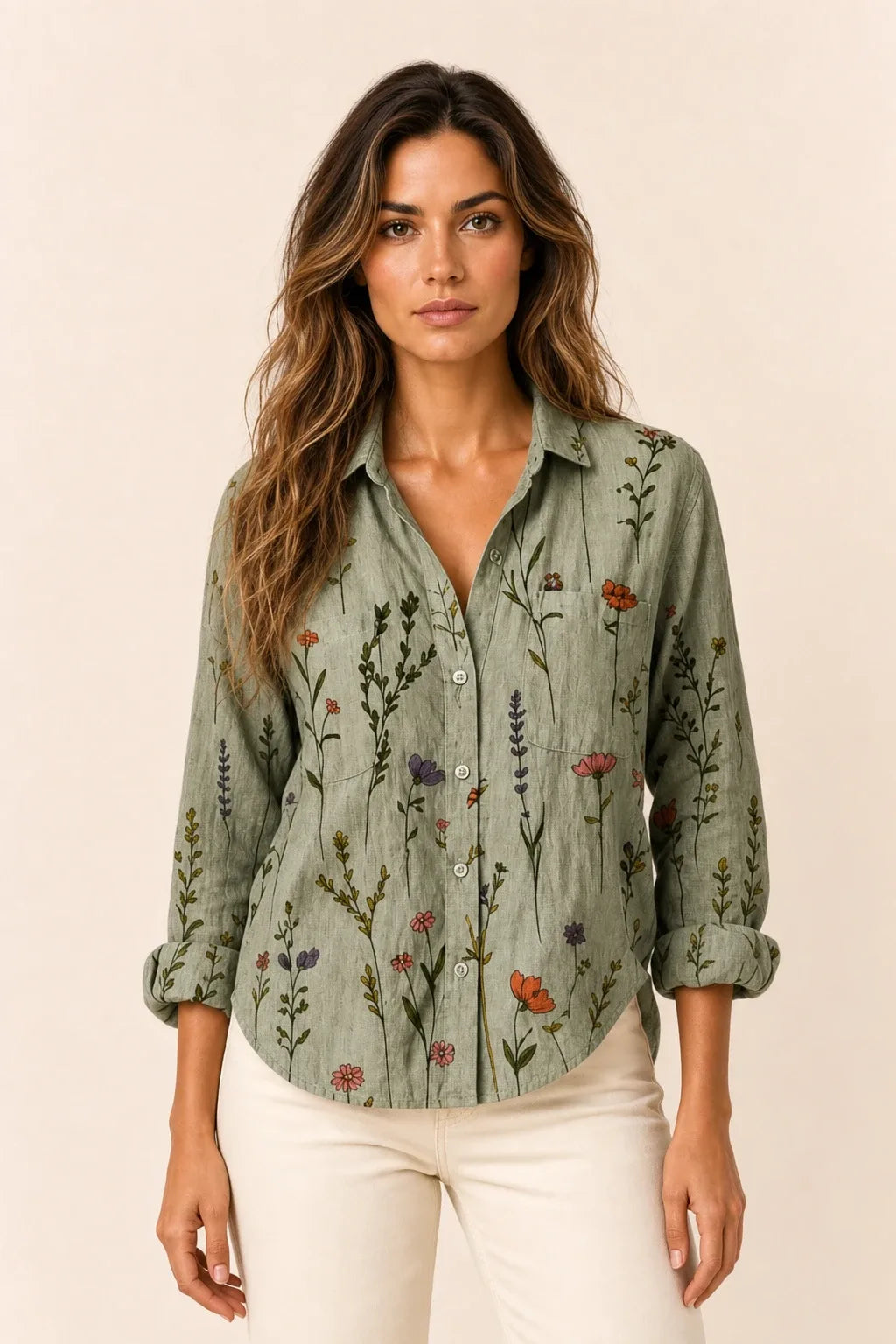Green bandana print button-down blouse on model in contrapposto stance
