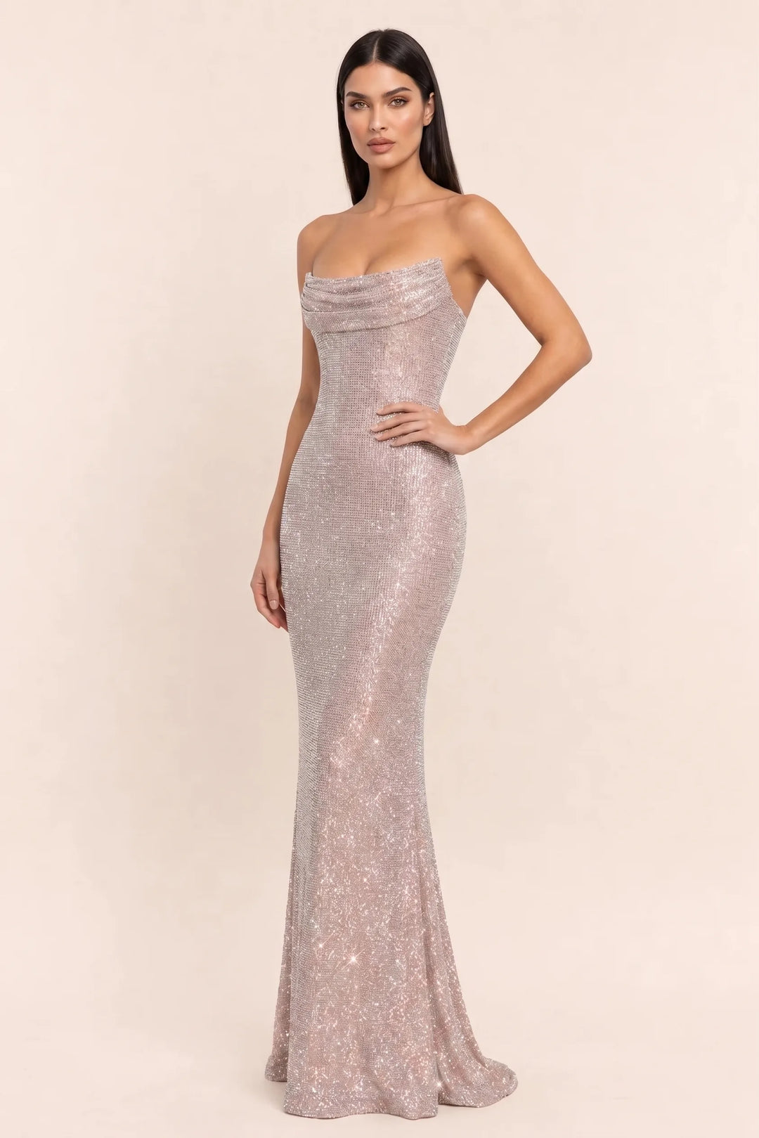 Beige crystal cowl gown on model in three-quarter turn, showing draped back and full-length skirt