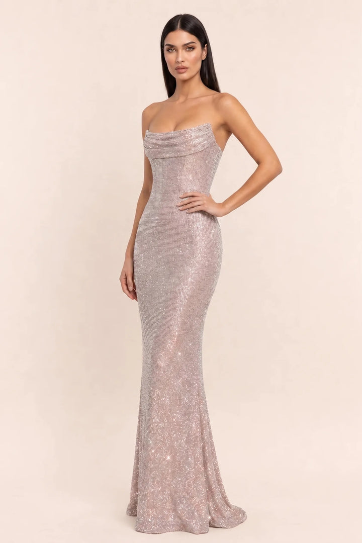 Beige crystal cowl gown on model in three-quarter turn, showing draped back and full-length skirt