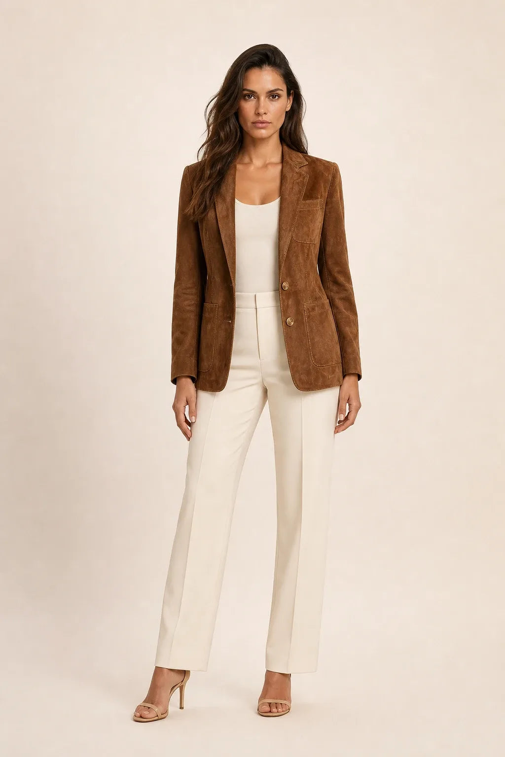 Woman wearing a brown suede notch lapel blazer in a contrapposto stance