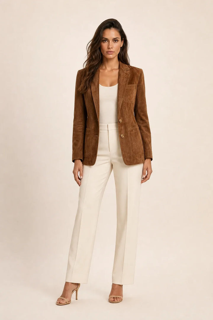 Woman wearing a brown suede notch lapel blazer in a contrapposto stance