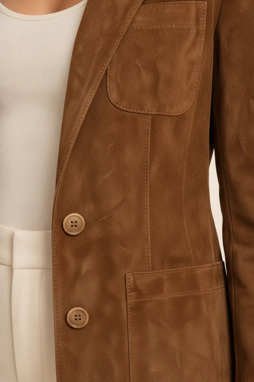 Close-up detail of a brown suede notch lapel blazer