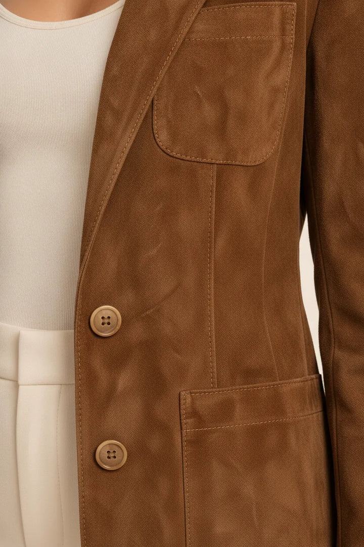 Close-up detail of a brown suede notch lapel blazer