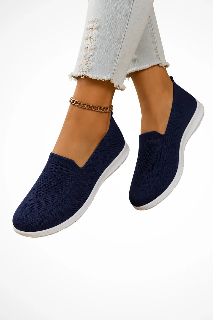 Navy blue knit slip-on sneaker, front view