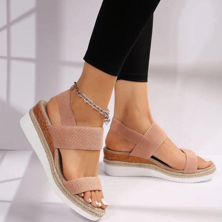 Brown espadrille wedge sandal, three-quarter angle view
