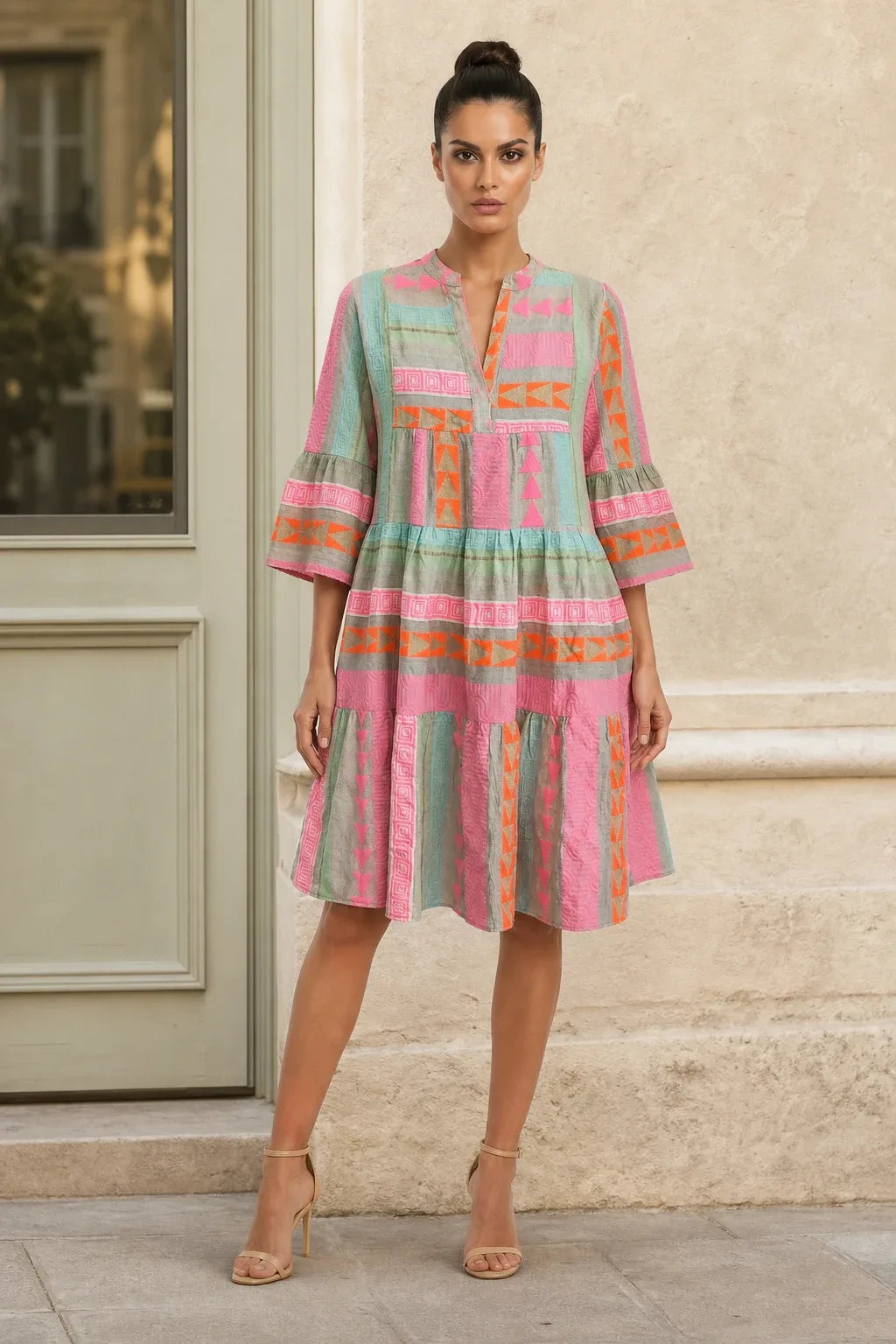 Tiered geometric print mini dress on a model in a contrapposto stance