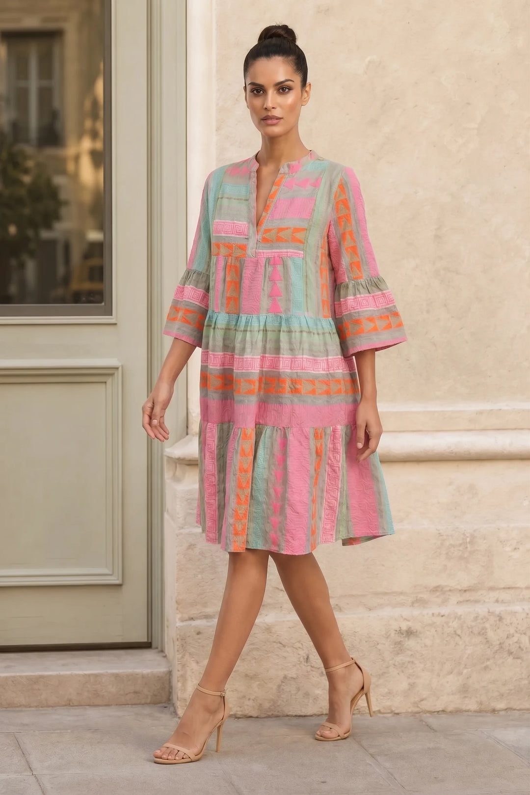 Tiered geometric print mini dress on a model in a three-quarter turn