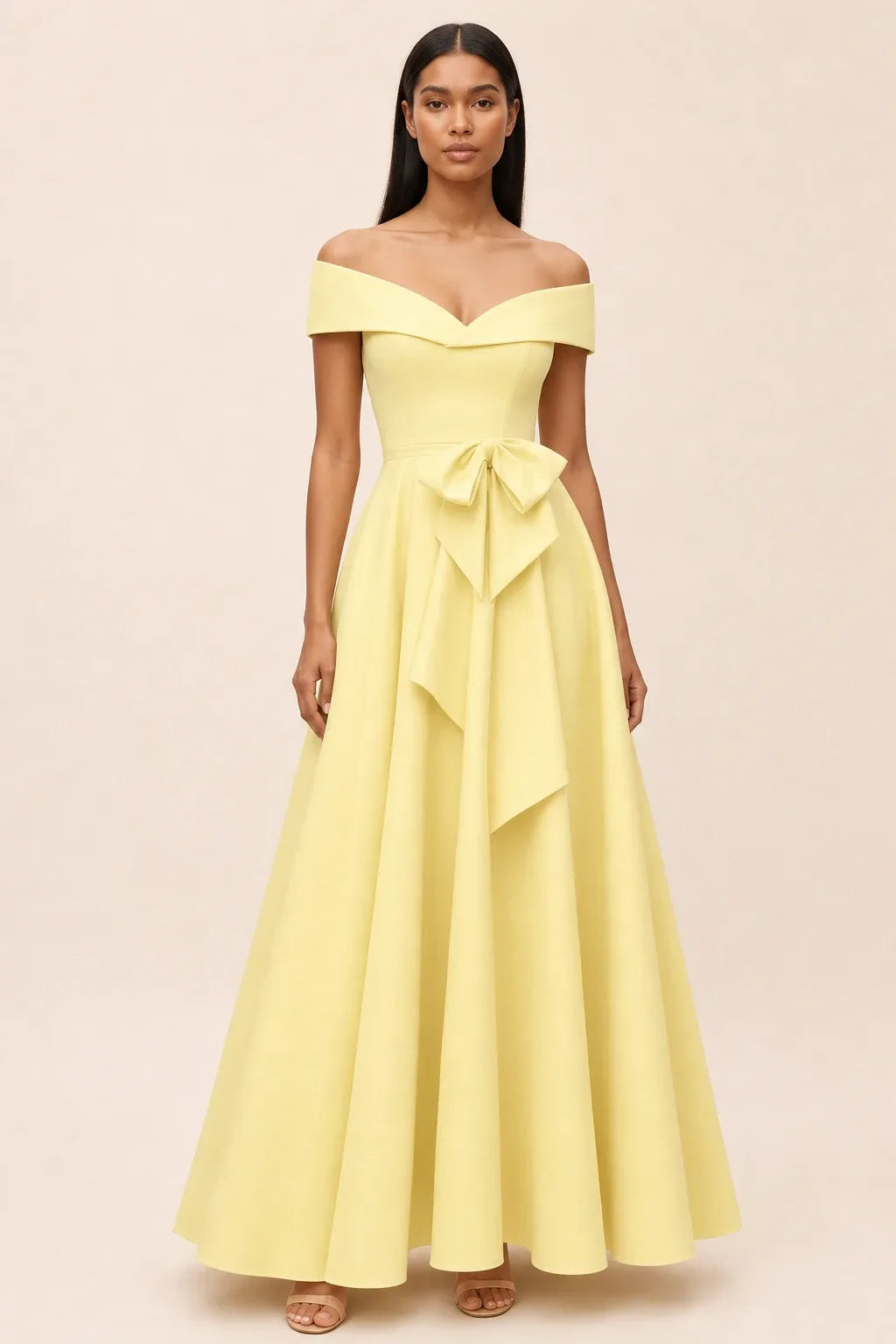 Daffodil off-shoulder midi dress with bow detail, model in contrapposto stance