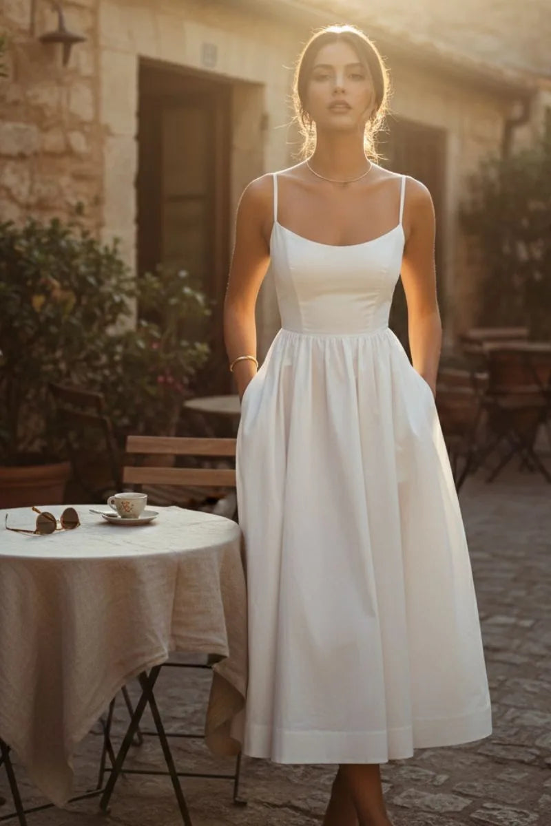White fit and flare midi dress on model, front view