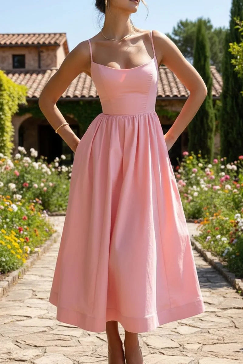 White fit and flare midi dress on model, alternate view