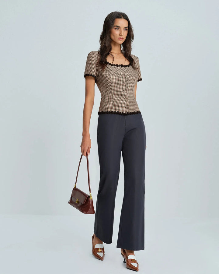 Brown gingham lace-trim top on model, full-length view