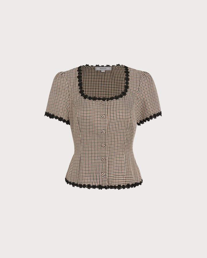 Brown gingham lace-trim top on model, styled outfit view