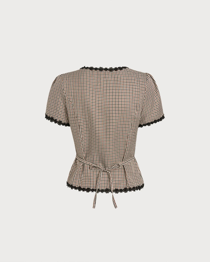 Brown gingham lace-trim top on model, relaxed standing pose