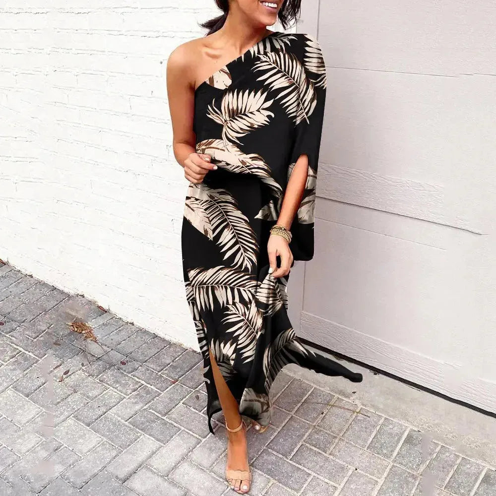 Beige cape sleeve maxi dress on standing model