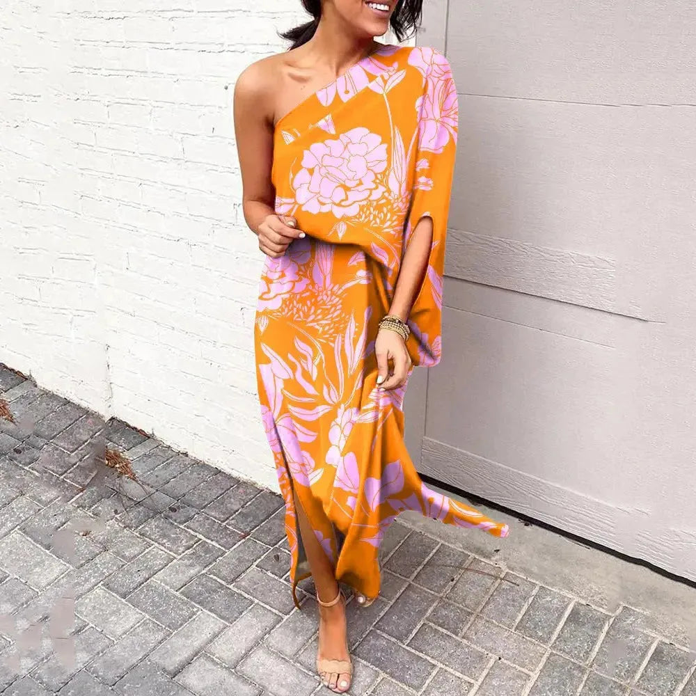 Pink cape sleeve maxi dress on standing model