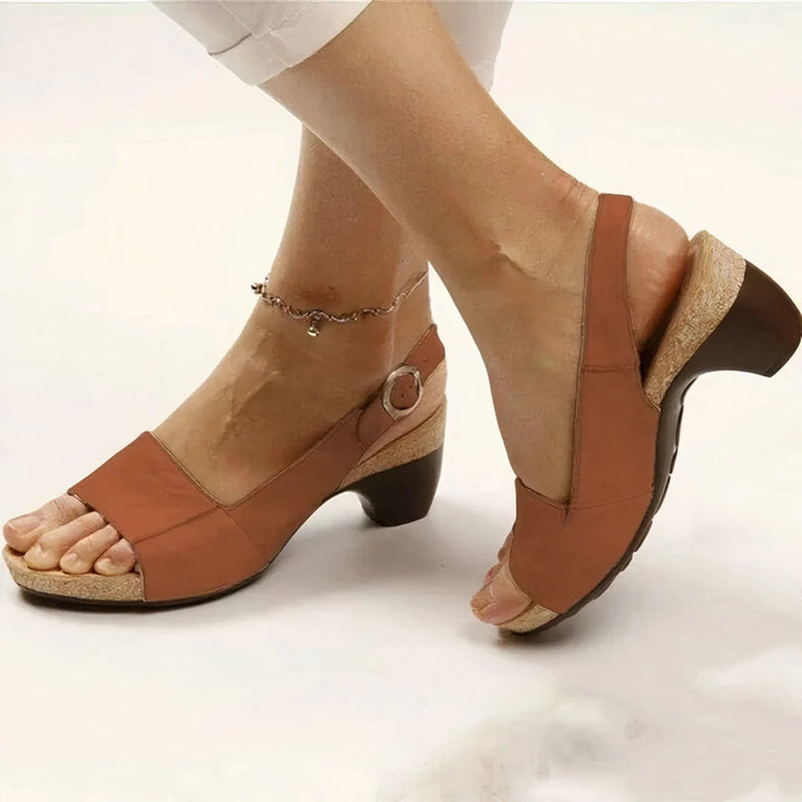 Brown block heel slingback sandal, close-up detail of texture and strap hardware