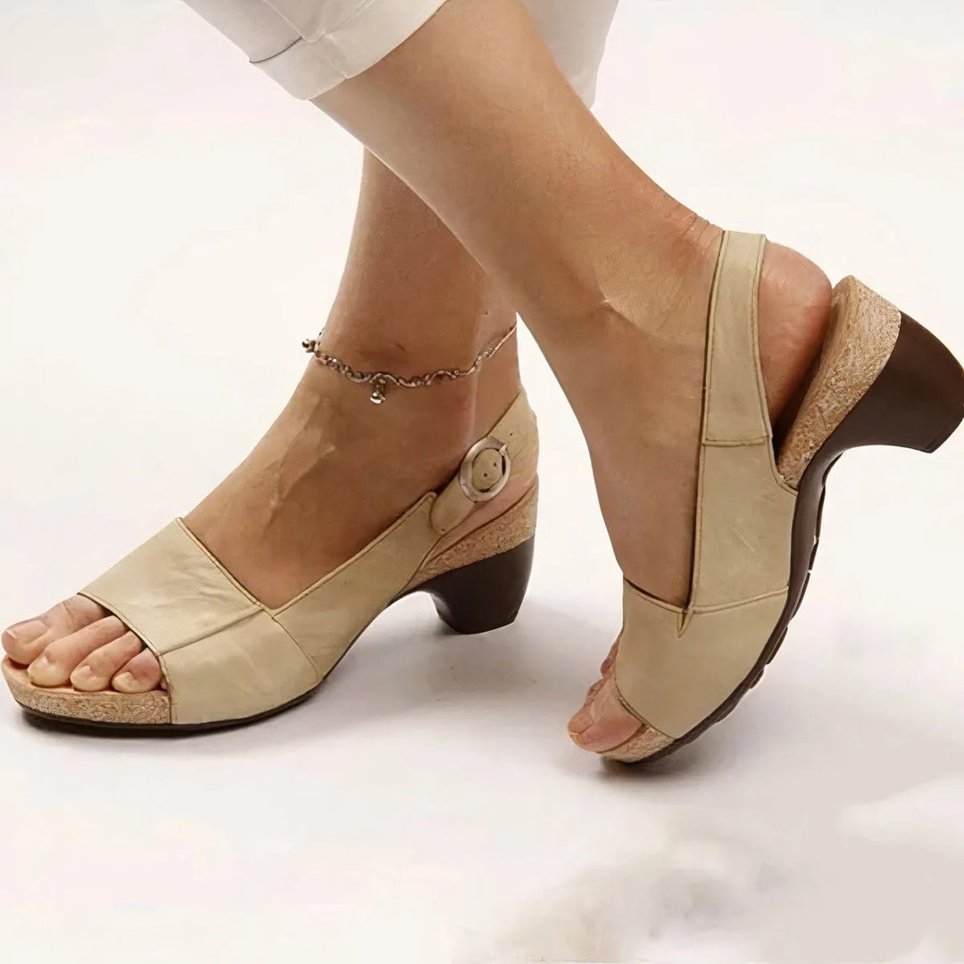 Khaki block heel slingback sandal, three-quarter angle showing silhouette and sole