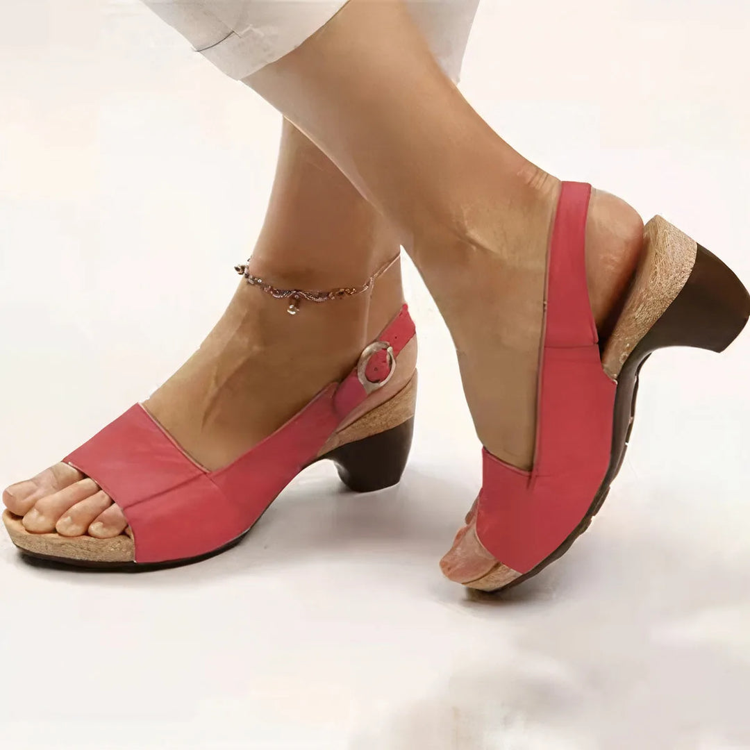 Red block heel slingback sandal, angled view displaying heel and slingback design