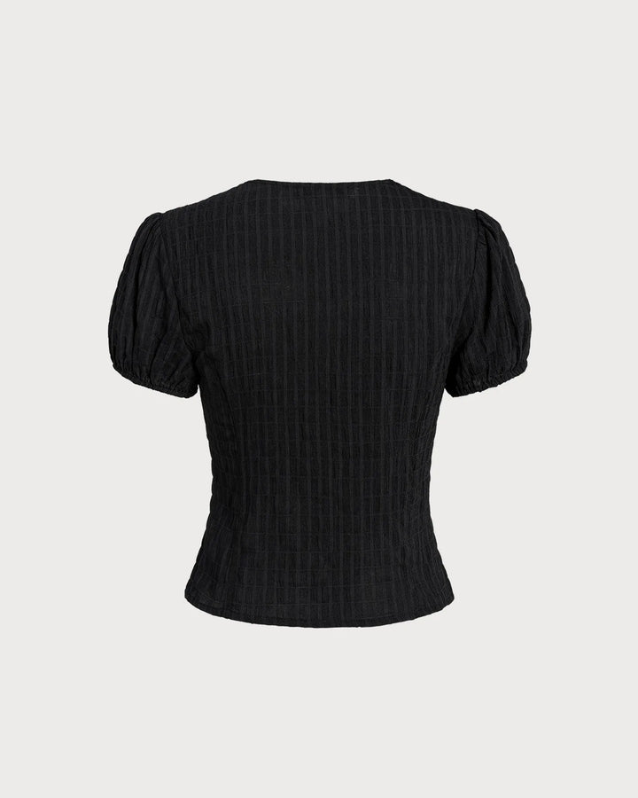 Black lace trim puff sleeve blouse, alternate styling view