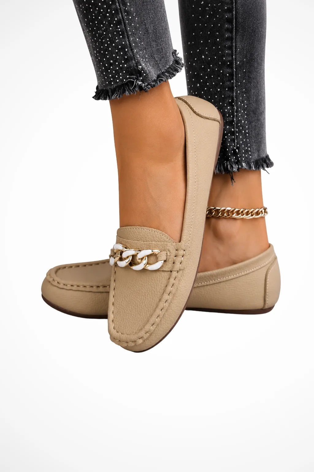 Beige leather loafer with gold chain detail, front view