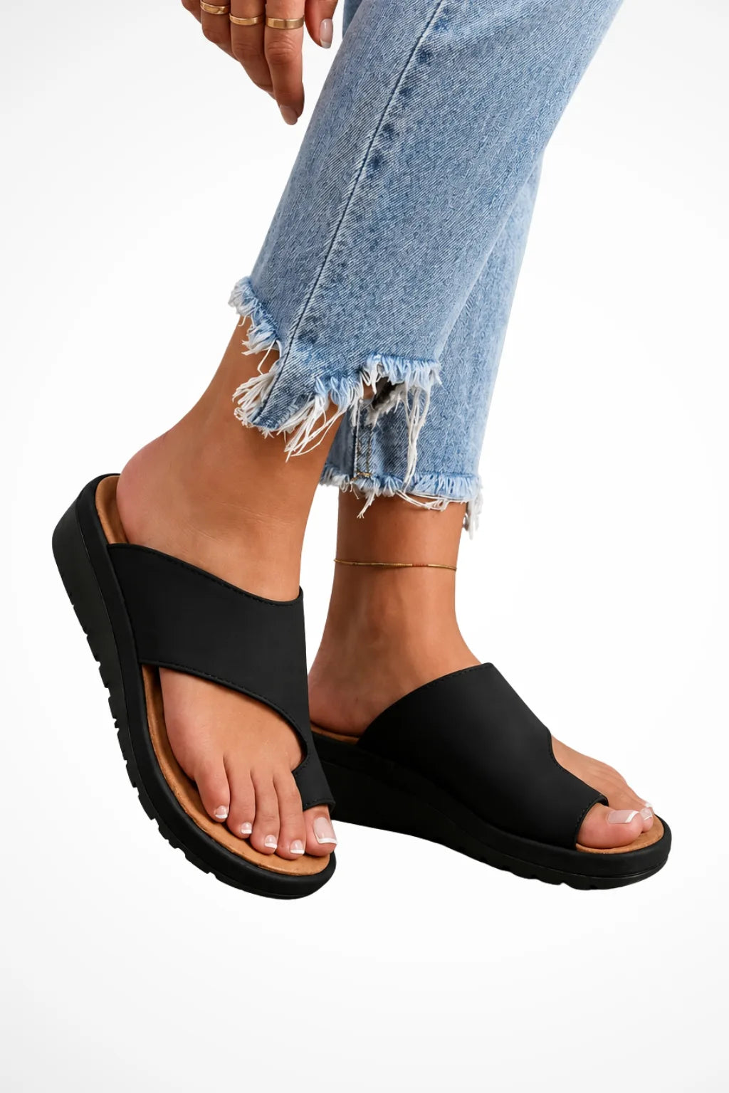 Black wedge toe loop sandal, front view