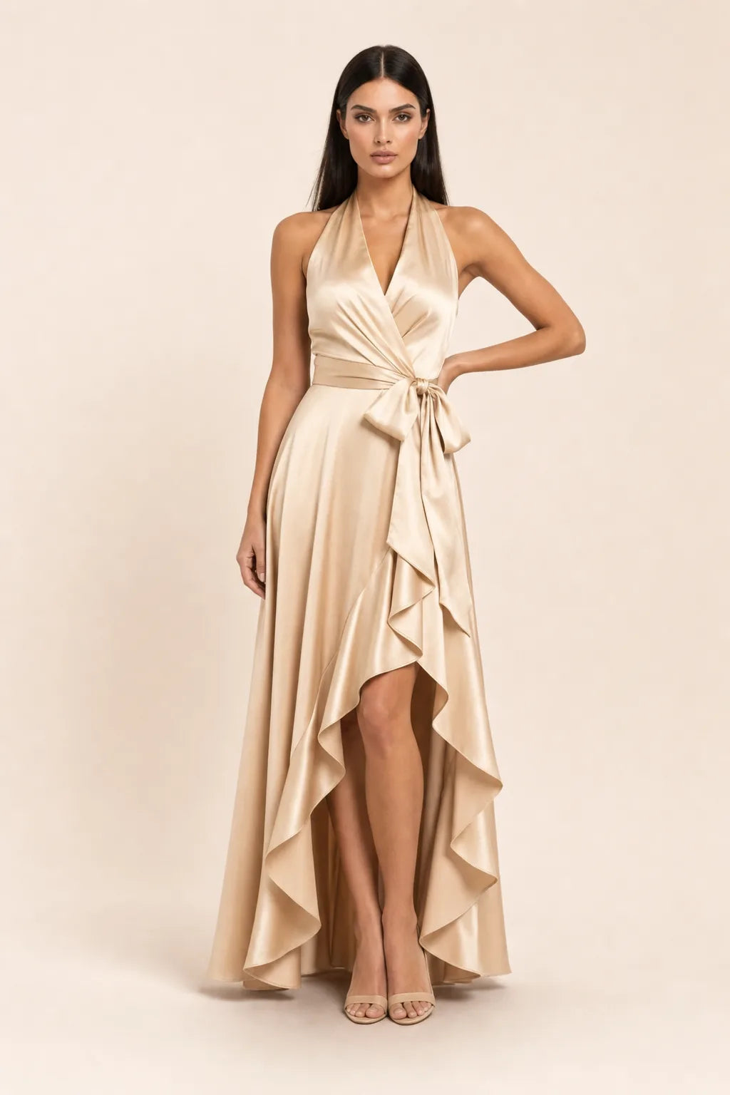 Champagne satin halter wrap gown on model in contrapposto stance
