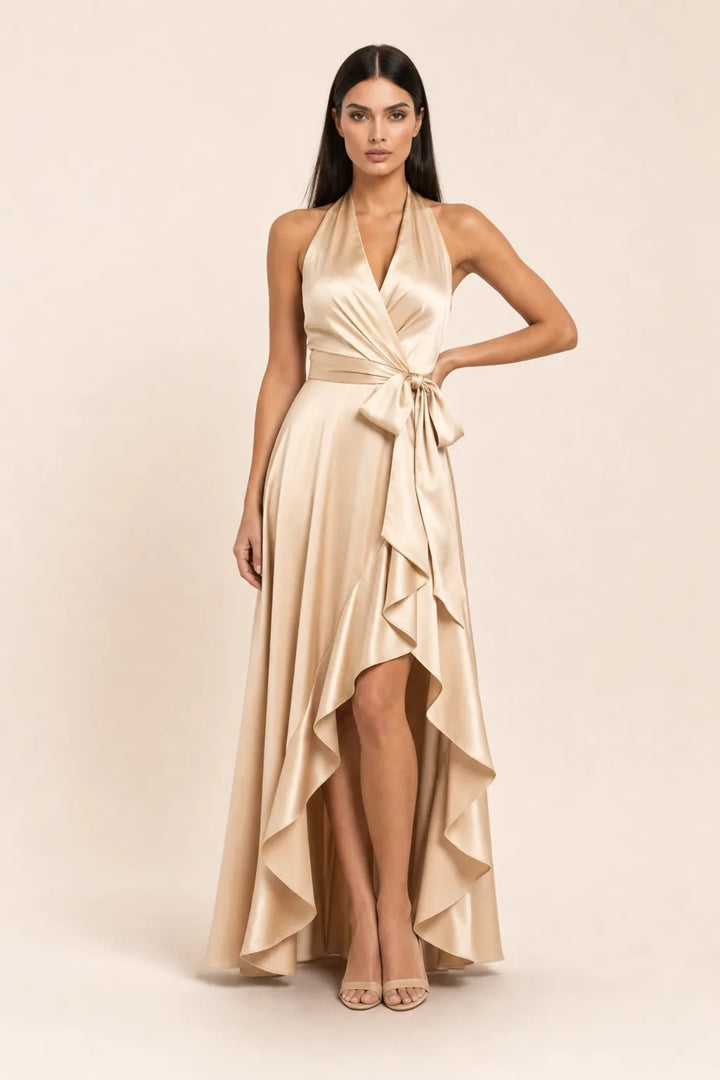 Champagne satin halter wrap gown on model in contrapposto stance