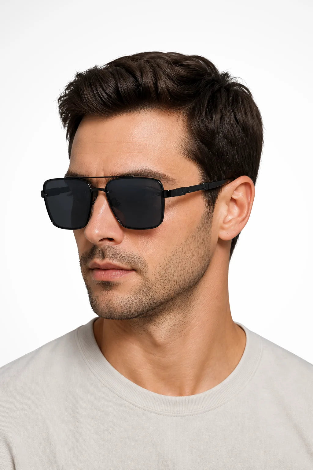 Grey navigator double bridge metal sunglasses with black frames, front view