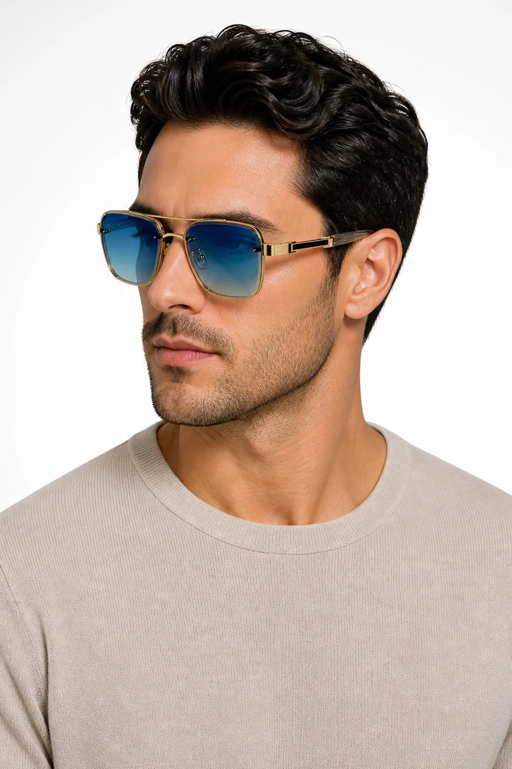 Grey navigator double bridge metal sunglasses with blue frames, front view