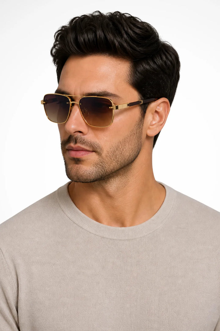 Grey navigator double bridge metal sunglasses with brown frames, front view