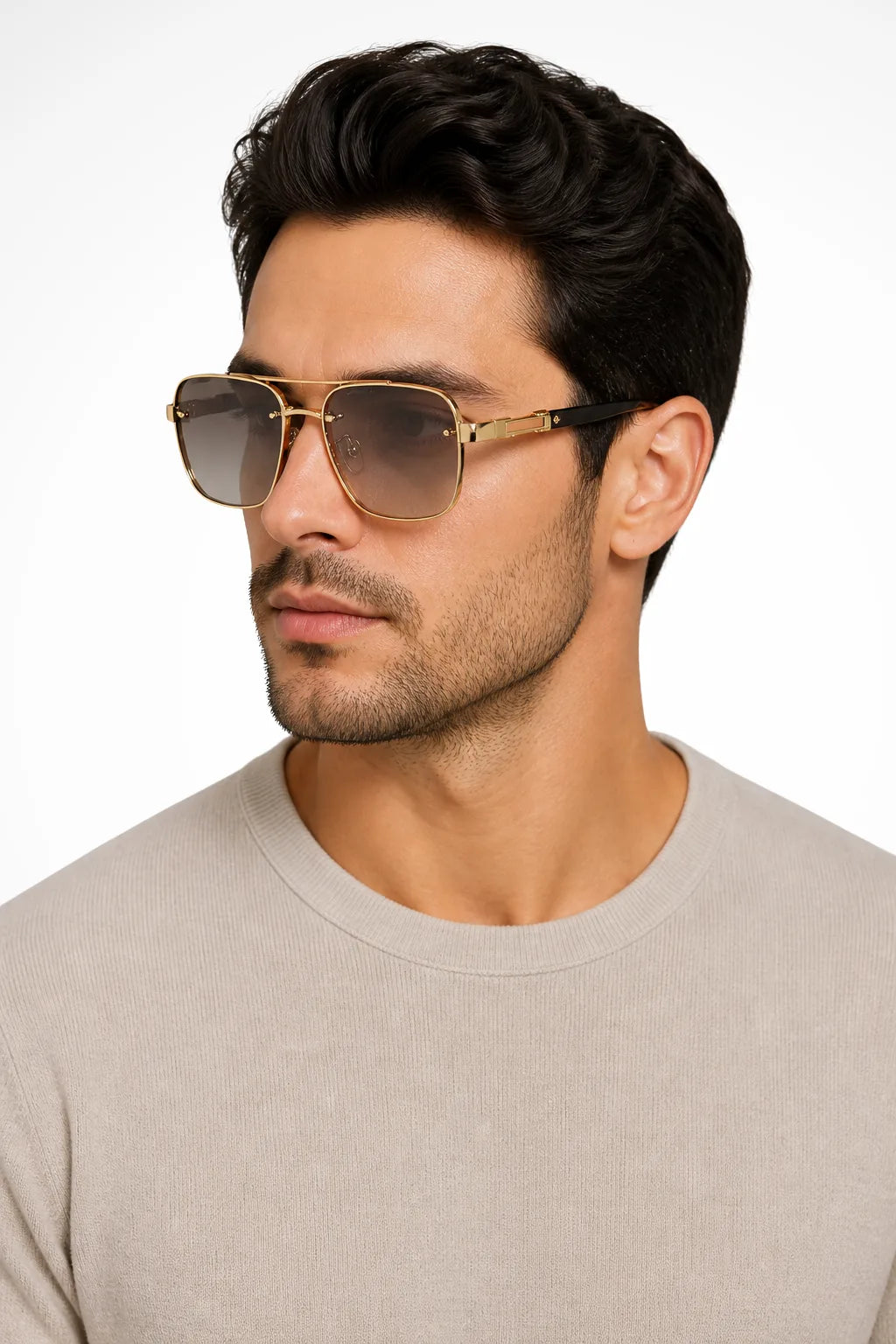 Grey navigator double bridge metal sunglasses with gold frames, front view
